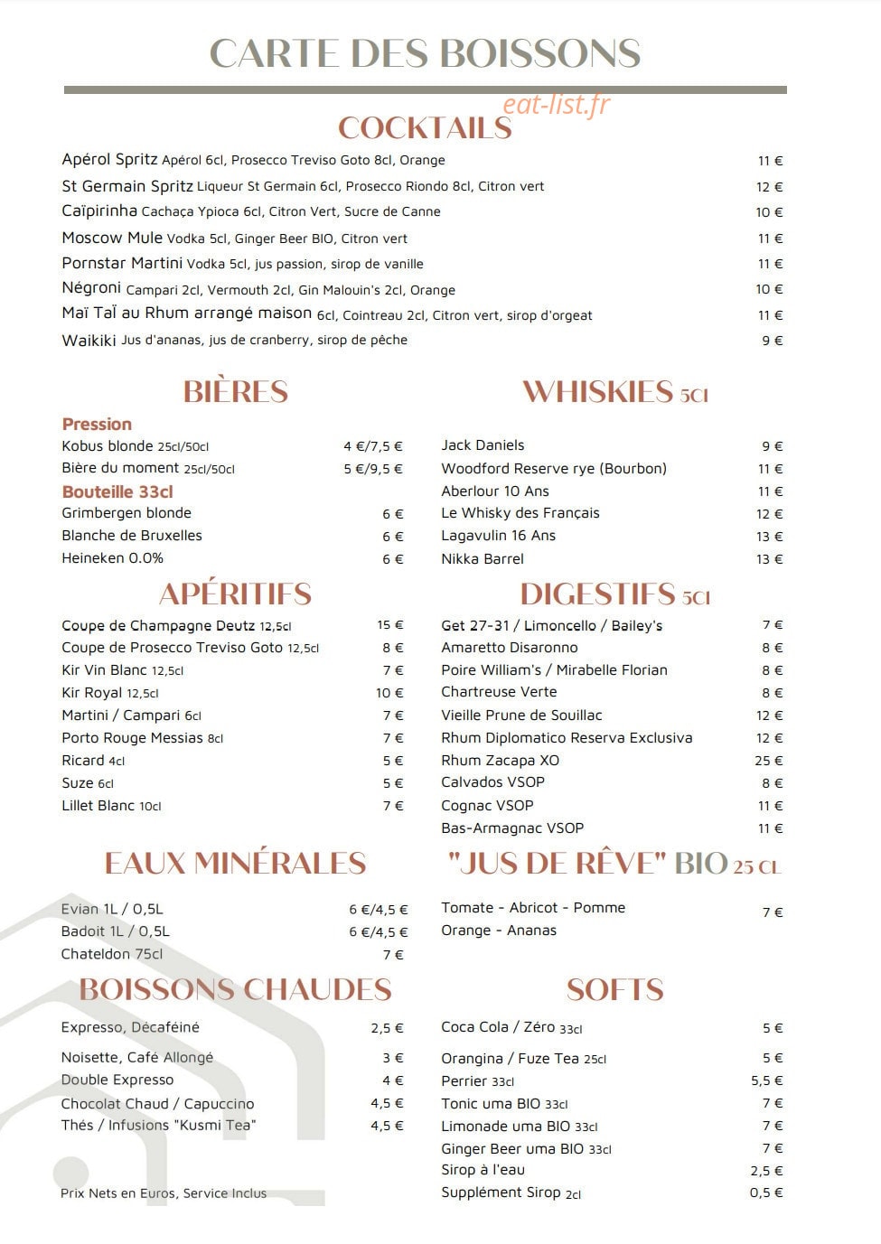Carte et menu de Garden Colombes à La Garenne Colombes — Carte des boissons