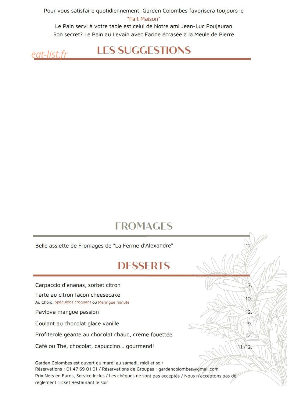 Carte et menu de Garden Colombes à La Garenne Colombes — Les fromages et desserts