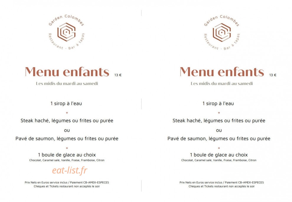 Carte et menu de Garden Colombes à La Garenne Colombes — Menu enfant