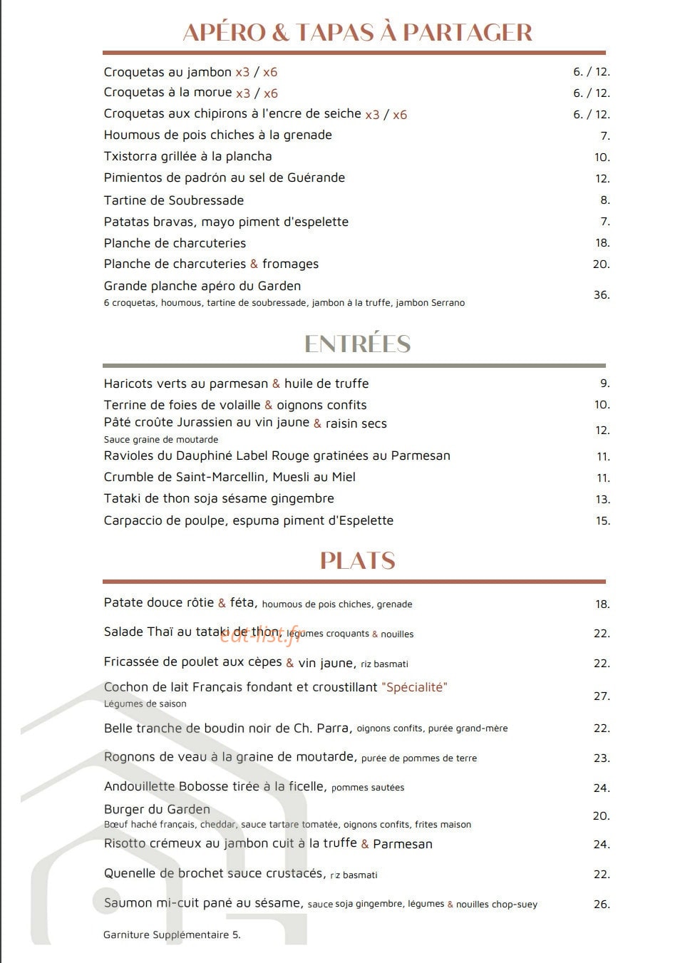 Carte et menu de Garden Colombes à La Garenne Colombes — Les tapas, entrées et plats
