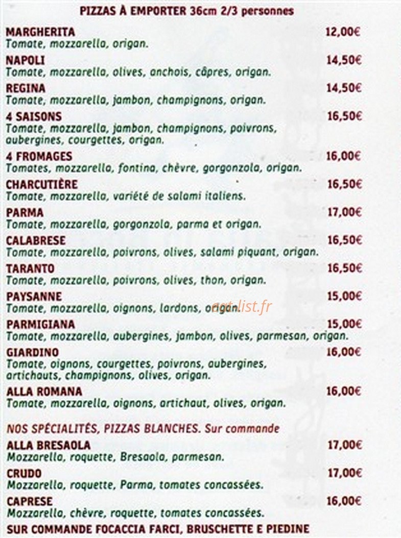 Carte et menu de Italia in bocca à La Garenne Colombes — Pizzas