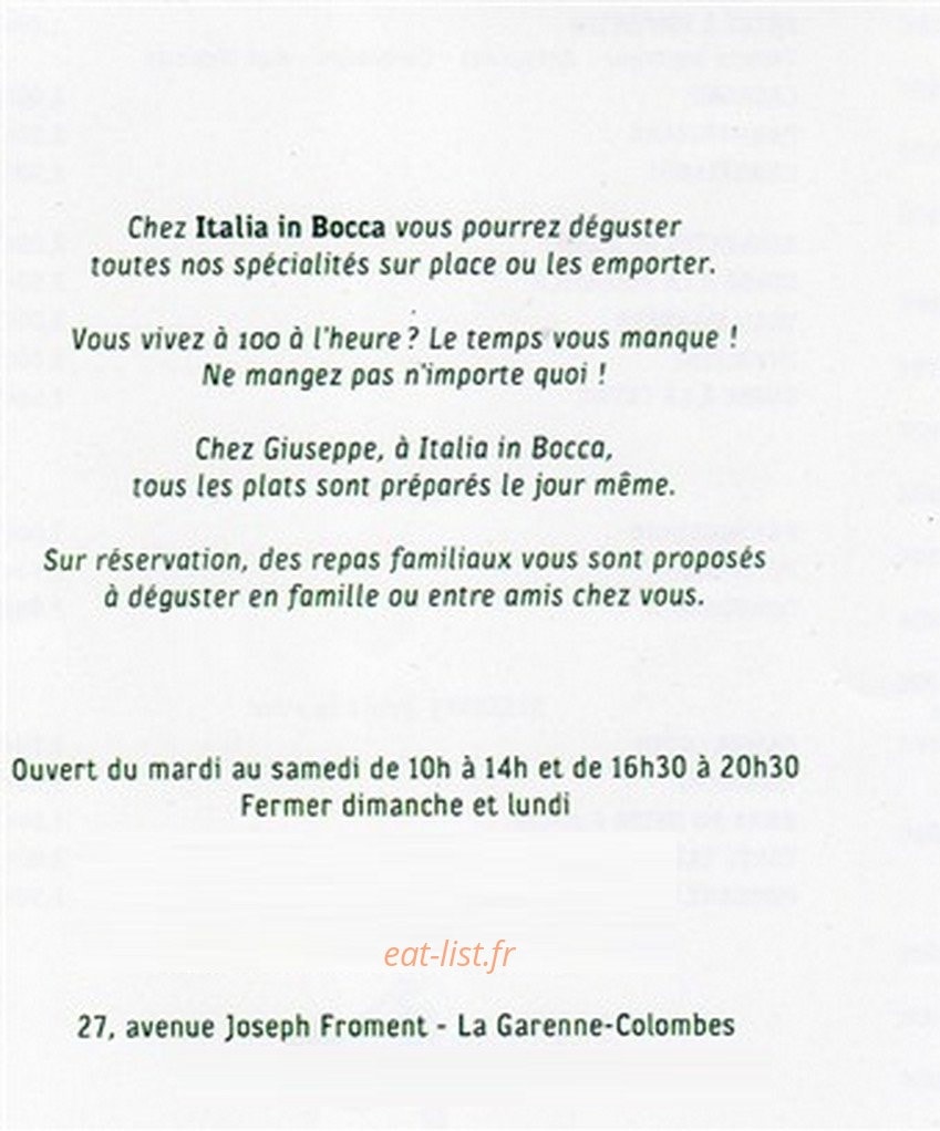 Carte et menu de Italia in bocca à La Garenne Colombes — Informations