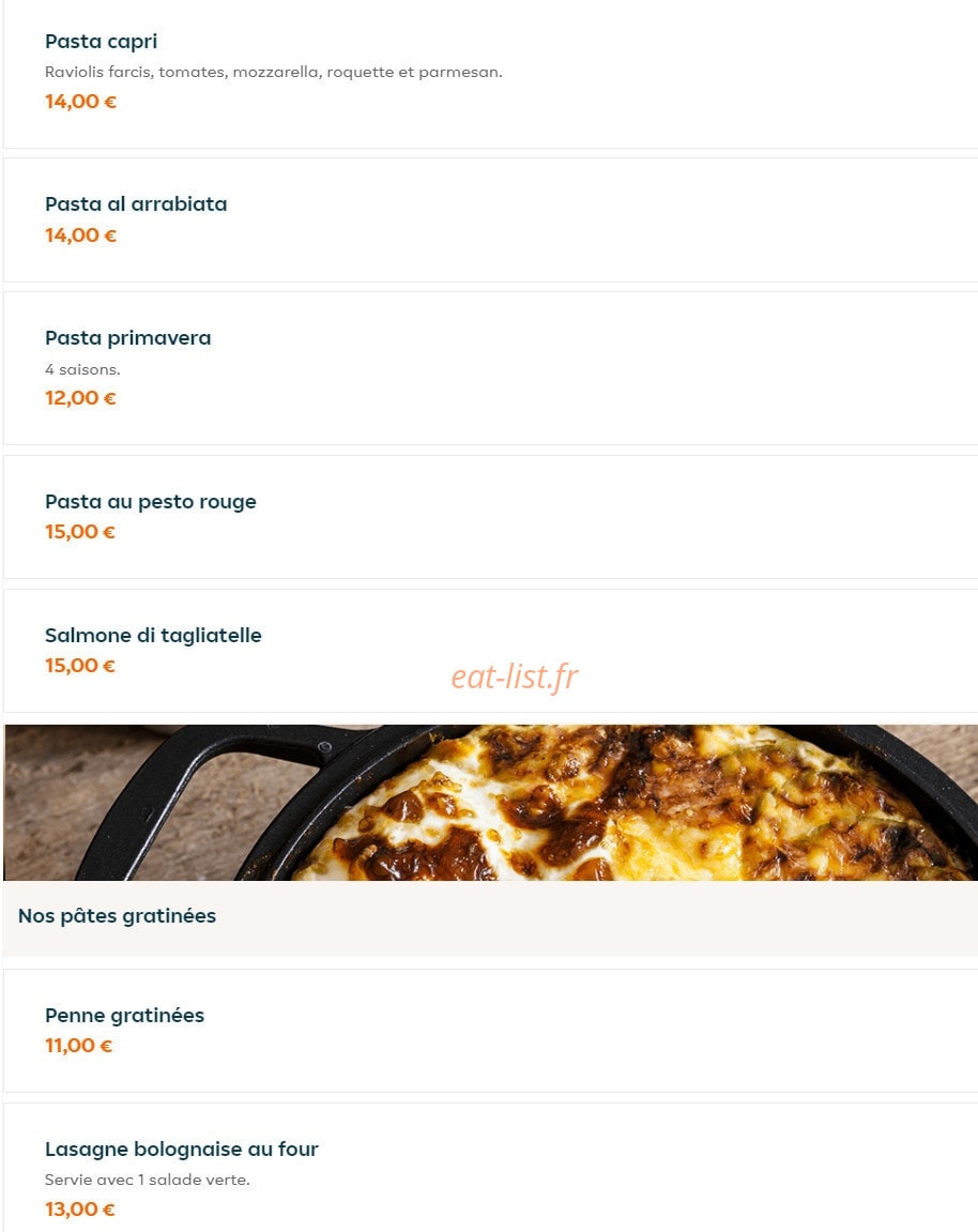 Carte et menu de La bella Italia à La Garenne Colombes — Les pâtes et pâtes gratinées