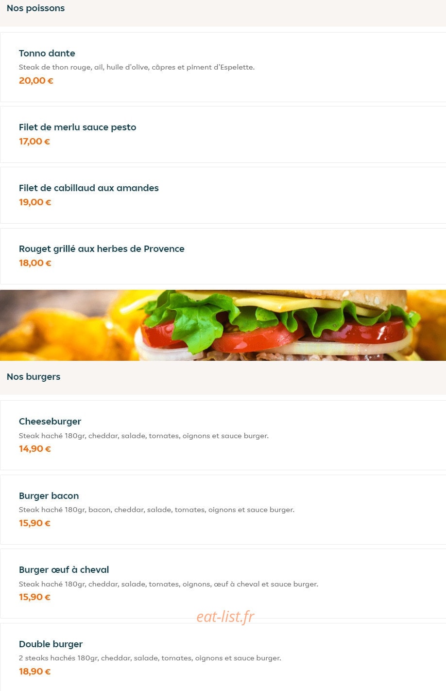 Carte et menu de La bella Italia à La Garenne Colombes — Les poissons et burgers