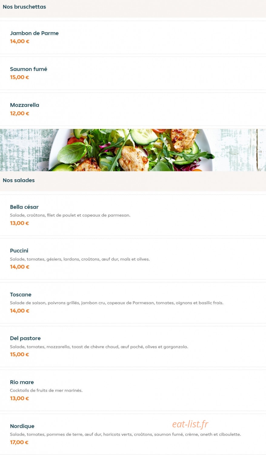 Carte et menu de La bella Italia à La Garenne Colombes — Les bruschettas et salades