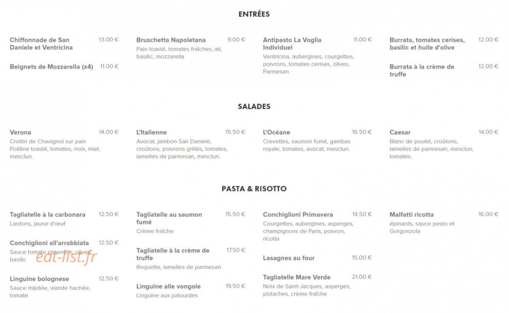 Carte et menu de La Voglia Pazza à La Garenne Colombes — Les entrées, salades, ...