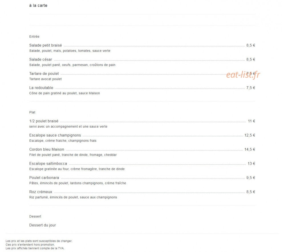 Carte et menu de Le Petit Braisé à La Garenne Colombes — Entrées, plats et desserts