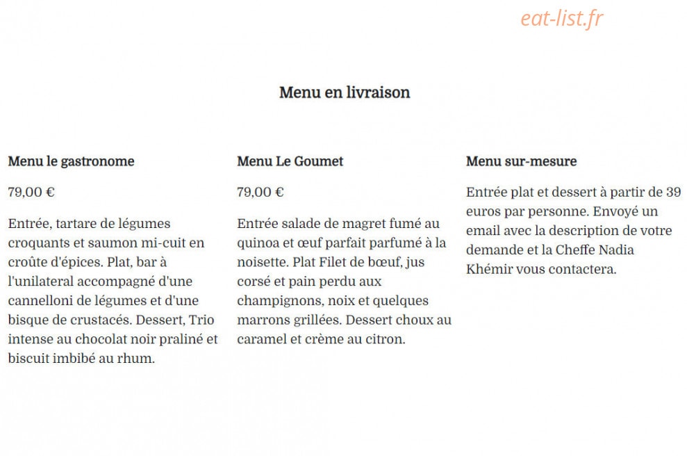 Carte et menu de Le show room du chef Nadia Khemir à La Garenne Colombes — Les menus