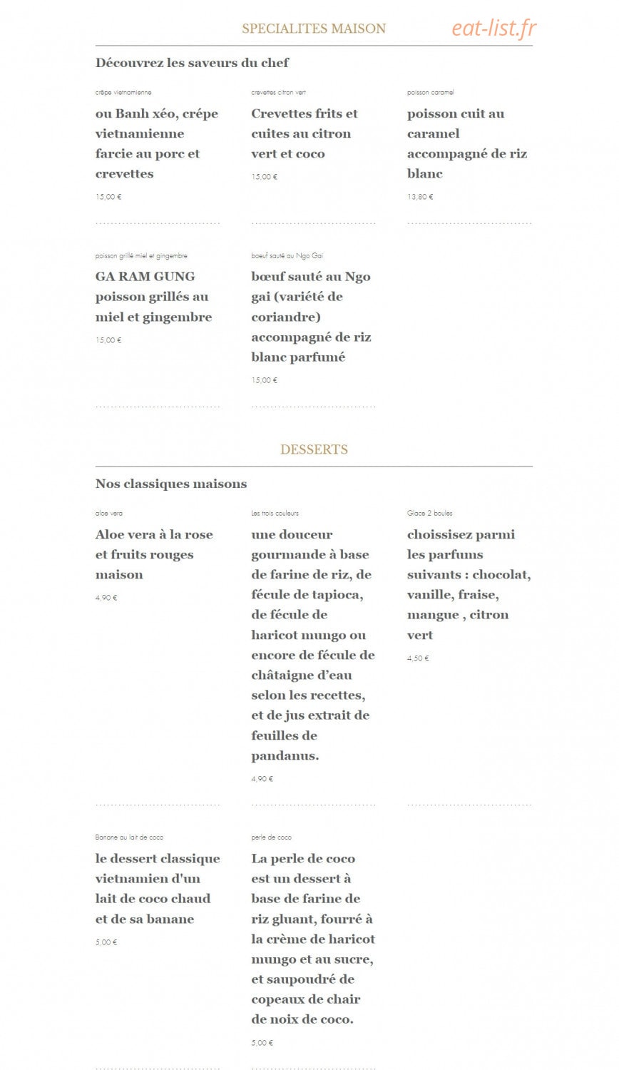 Carte et menu de Madame Phim à La Garenne Colombes — Les spécialités maison et desserts