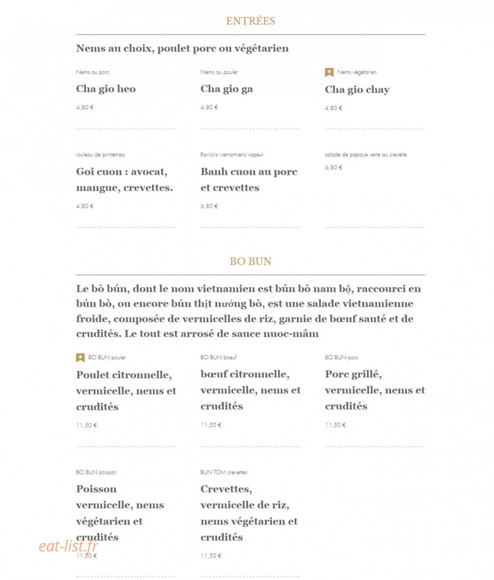 Carte et menu de Madame Phim à La Garenne Colombes — Les entrées et bo bun