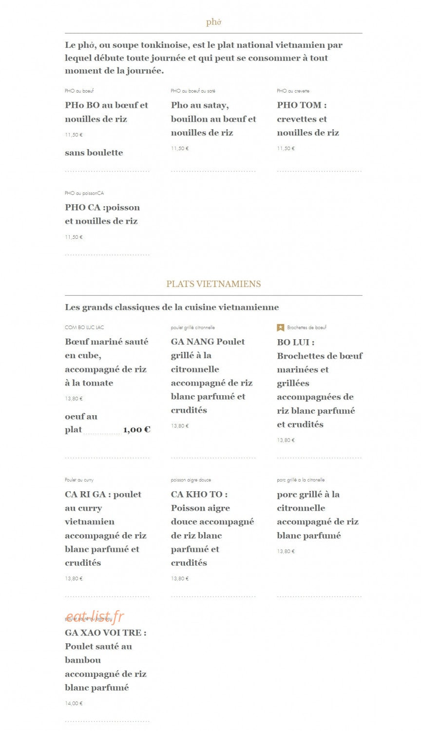 Carte et menu de Madame Phim à La Garenne Colombes — Les plats vietnamiens et pho