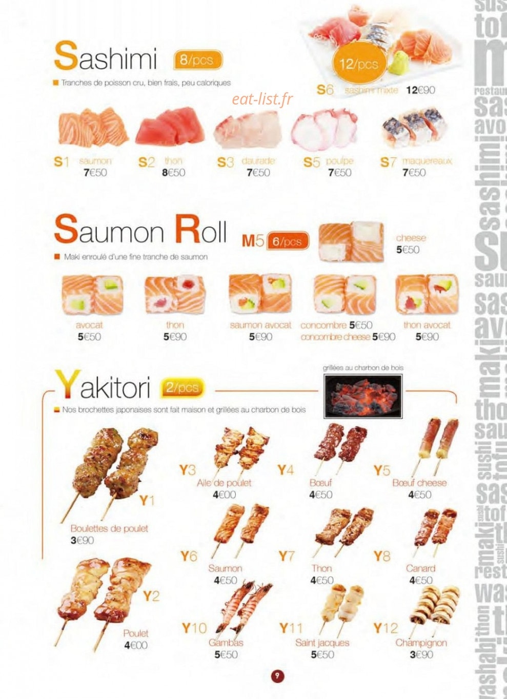 Carte et menu de S comme Sushi à La Garenne Colombes — Les sashimi, yakitori,....