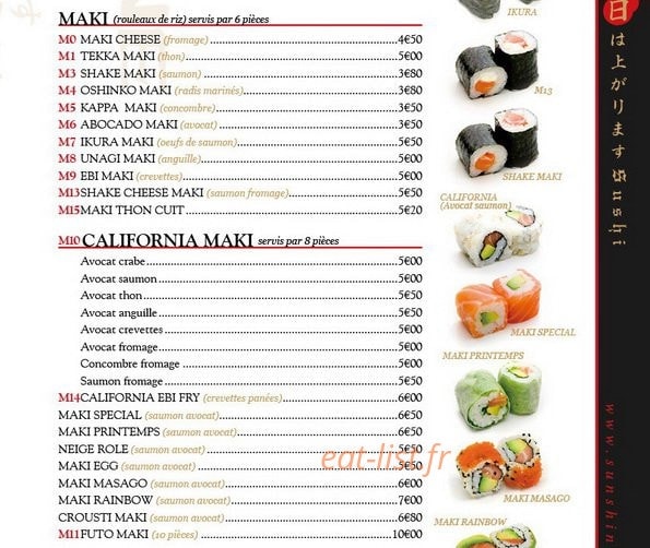 Carte et menu de SunShine Sushi à La Garenne Colombes — Les makis, californias