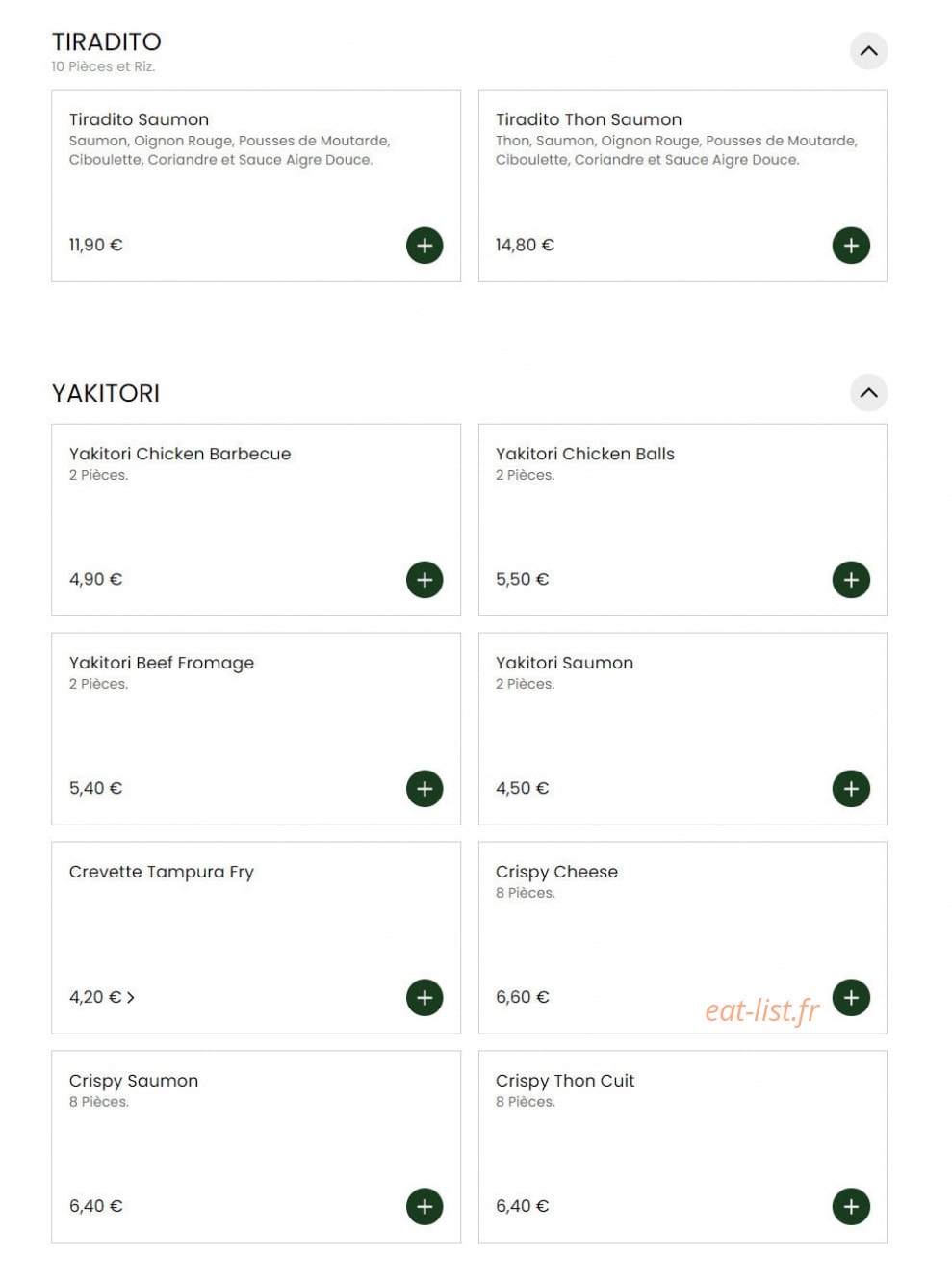 Carte et menu de Sushi Chef à La Garenne Colombes — Tiradito et yakitori