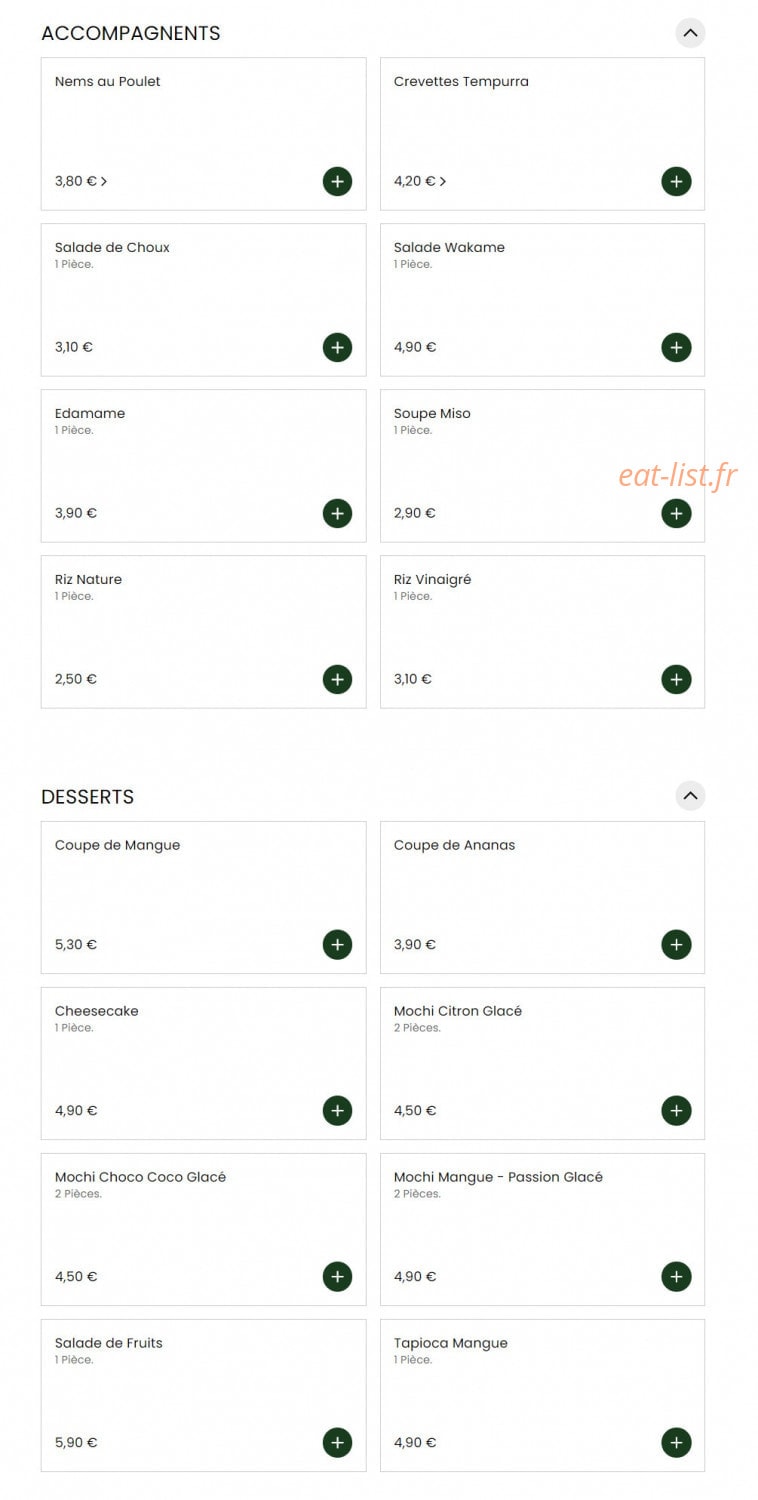 Carte et menu de Sushi Chef à La Garenne Colombes — Accompagnements et desserts