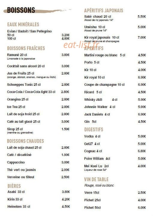 Carte et menu de Unagi à La Garenne Colombes — Les boissons