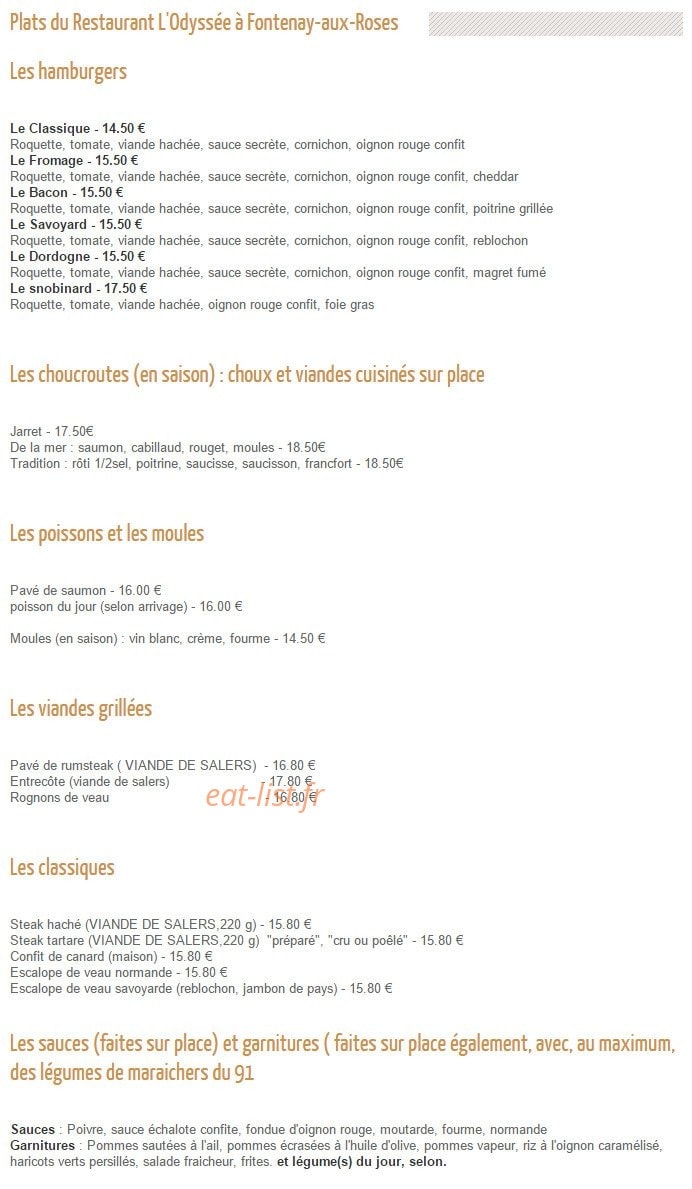Carte et menu de L'Odyssée à Fontenay Aux Roses — Les hamburgers, les choucroutes,.....