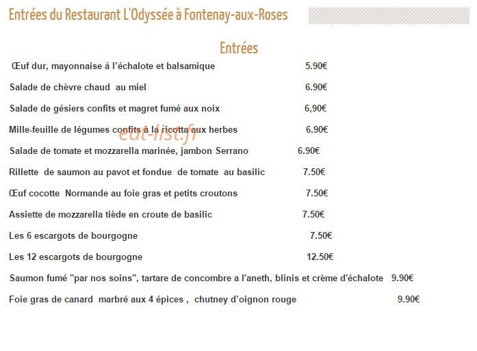 Carte et menu de L'Odyssée à Fontenay Aux Roses — Les entrées