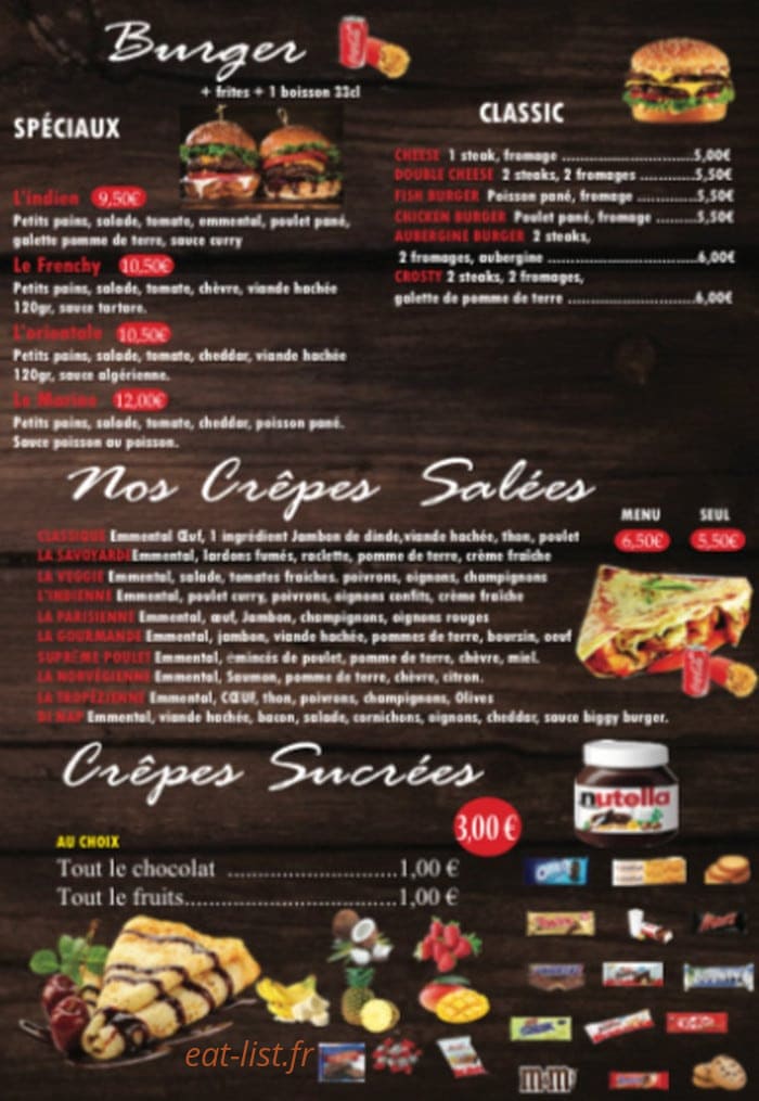 Carte et menu de Pizza Di Napoli à Fontenay Aux Roses — Les burgers et crêpes