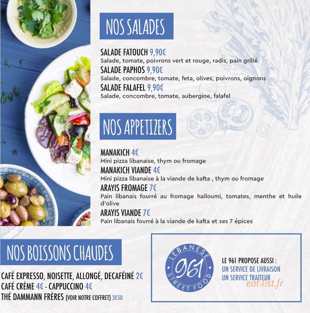Carte et menu de 961 Lebanese Street Food à Levallois Perret — Les salades, les boissons chaudes ...