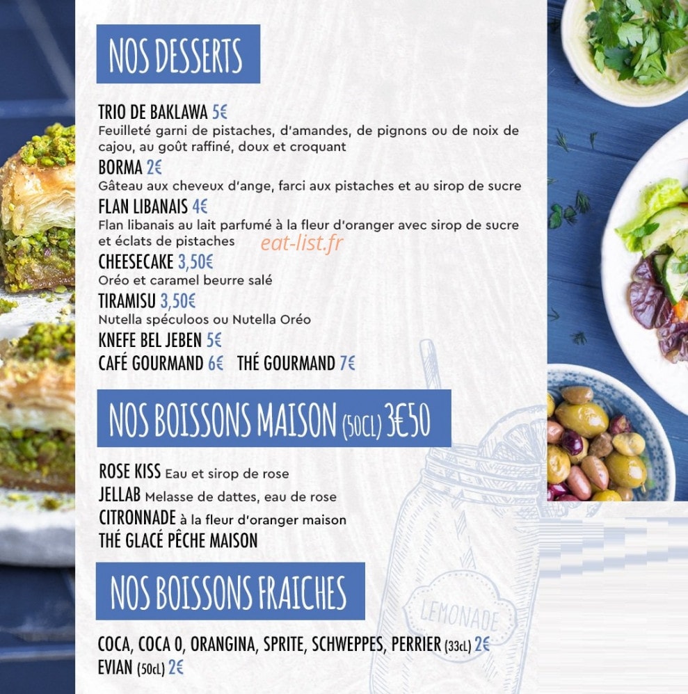 Carte et menu de 961 Lebanese Street Food à Levallois Perret — Les desserts, les boissons fraiches ...
