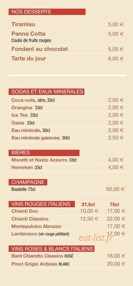 Carte et menu de Al Vecchio Forno à Levallois Perret — Desserts et boissons