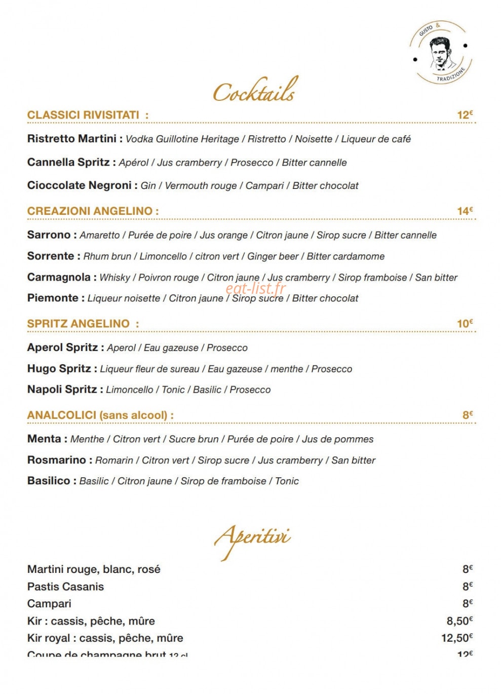 Carte et menu de Angelino Gusto & Tradizione à Levallois Perret — Les cocktails et apéritifs