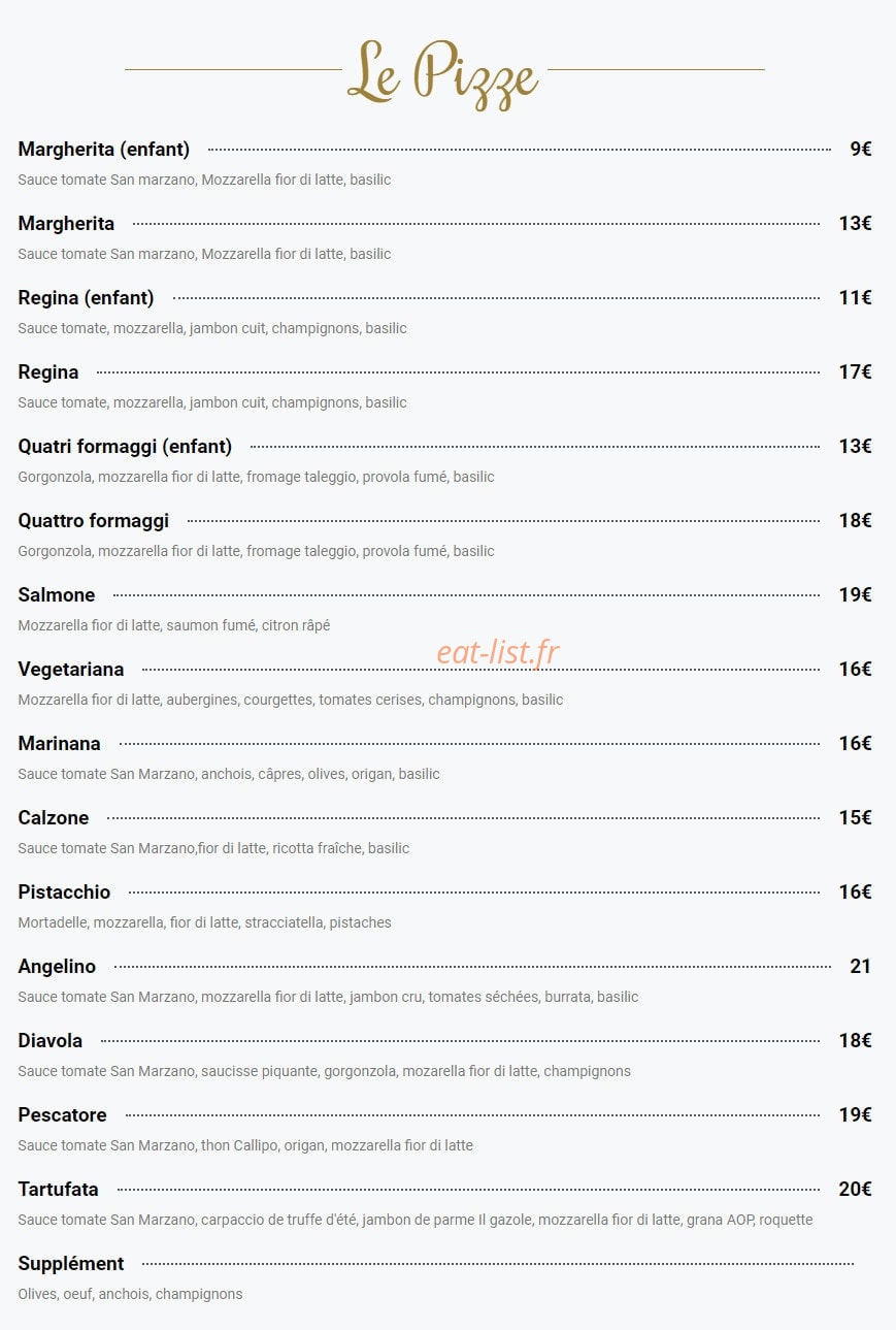 Carte et menu de Angelino Gusto & Tradizione à Levallois Perret — Les pizzas