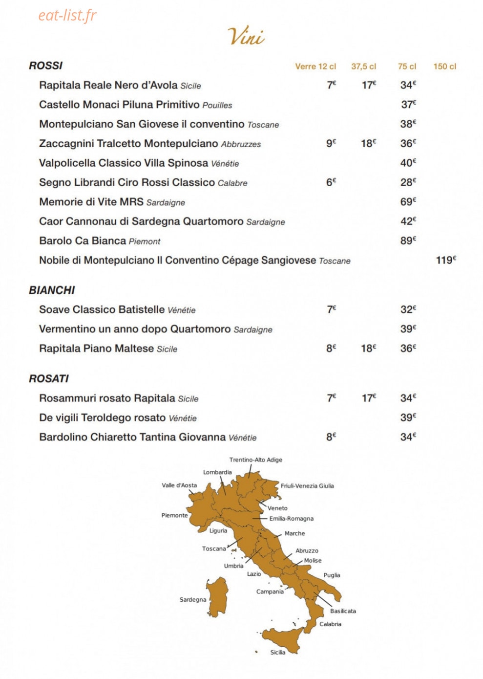Carte et menu de Angelino Gusto & Tradizione à Levallois Perret — Les vins