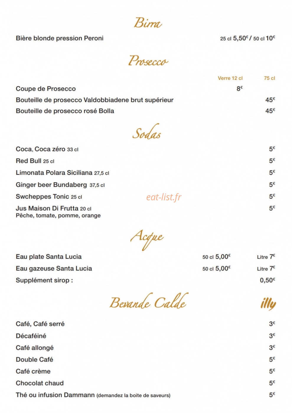 Carte et menu de Angelino Gusto & Tradizione à Levallois Perret — Les eaux, sodas et boissons chaudes