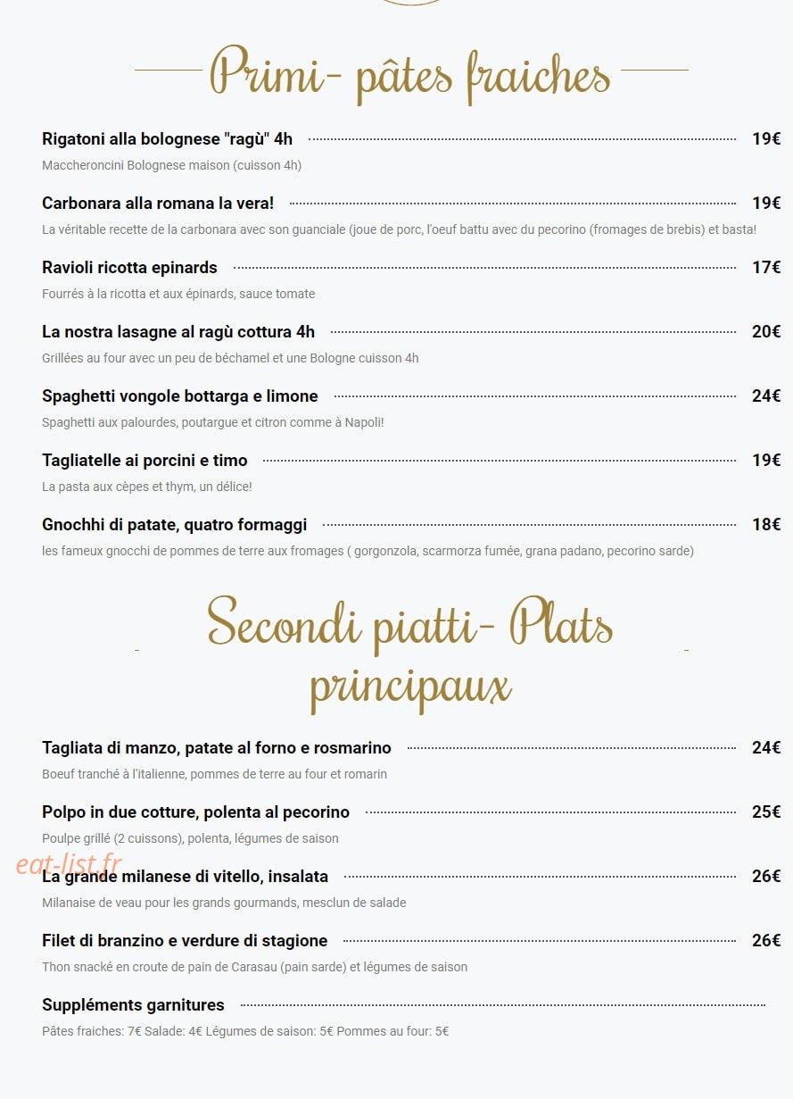 Carte et menu de Angelino Gusto & Tradizione à Levallois Perret — Les pates et plats