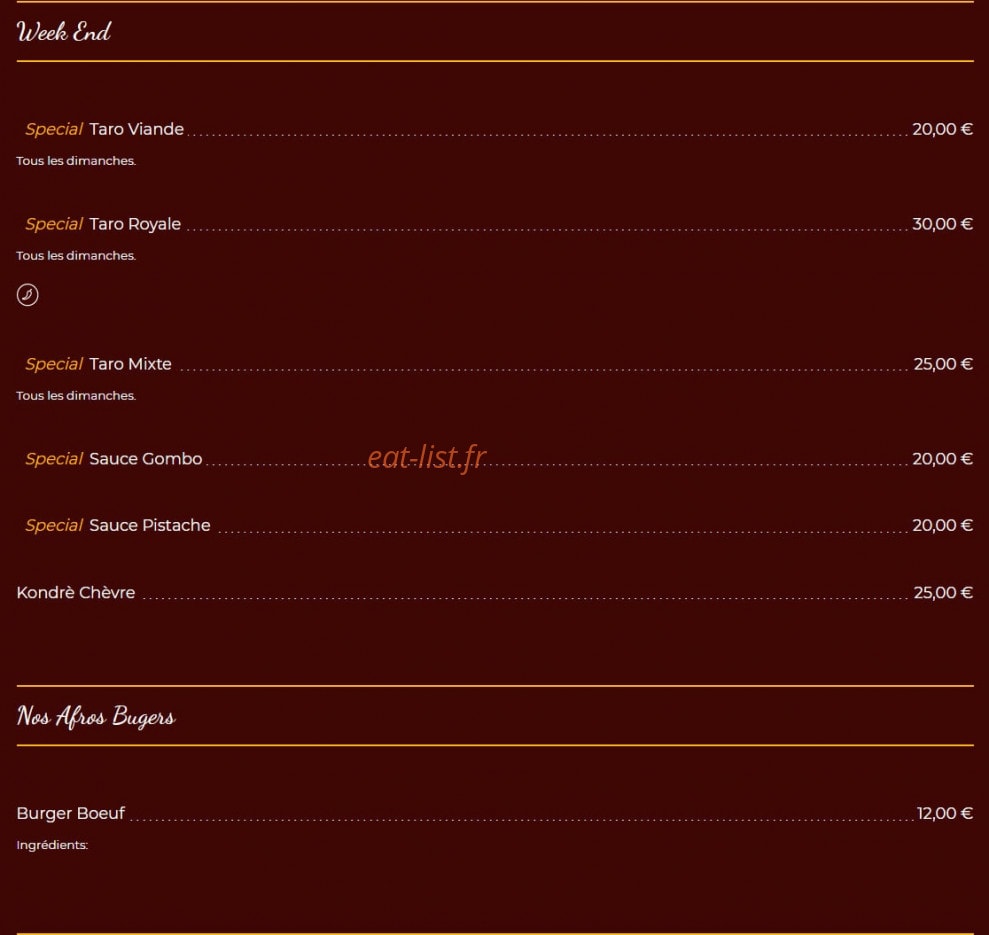Carte et menu de Aux délices des N d'Afrique à Levallois Perret — Week end et afros burgers