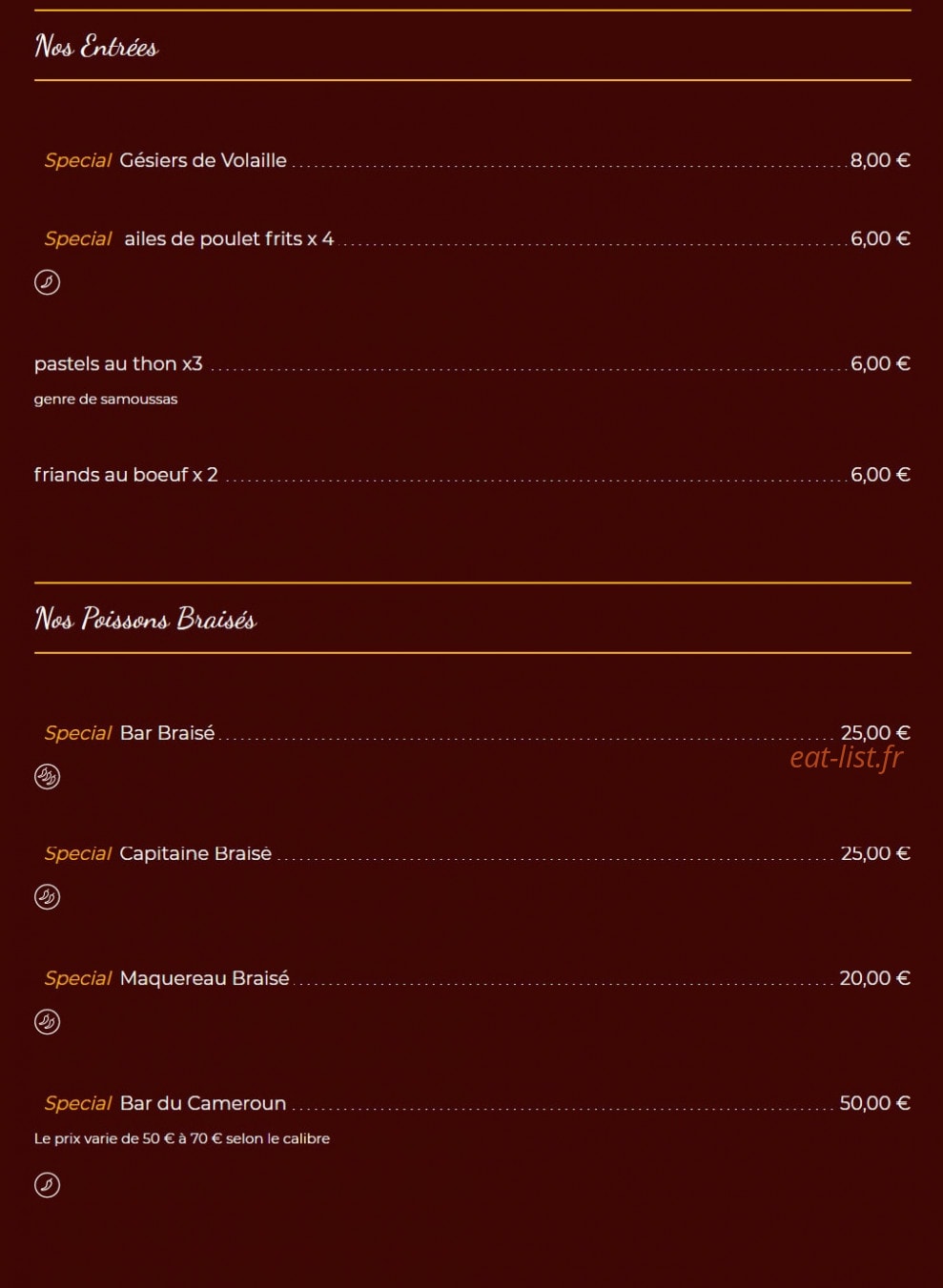 Carte et menu de Aux délices des N d'Afrique à Levallois Perret — Les entrées et poissons braisés