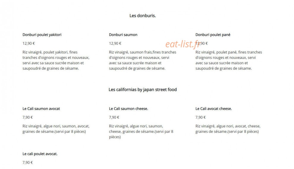 Carte et menu de Japan street Food 92 à Levallois Perret — Les donburis et californias