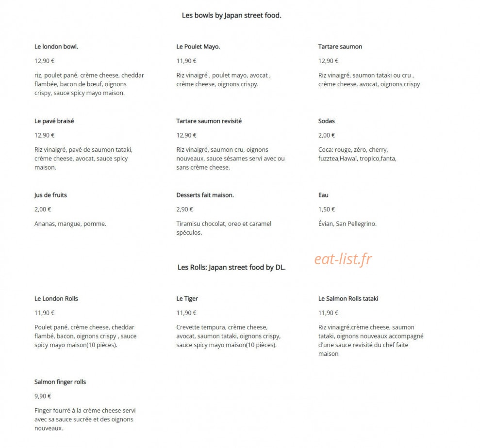 Carte et menu de Japan street Food 92 à Levallois Perret — Les bowls et rolls