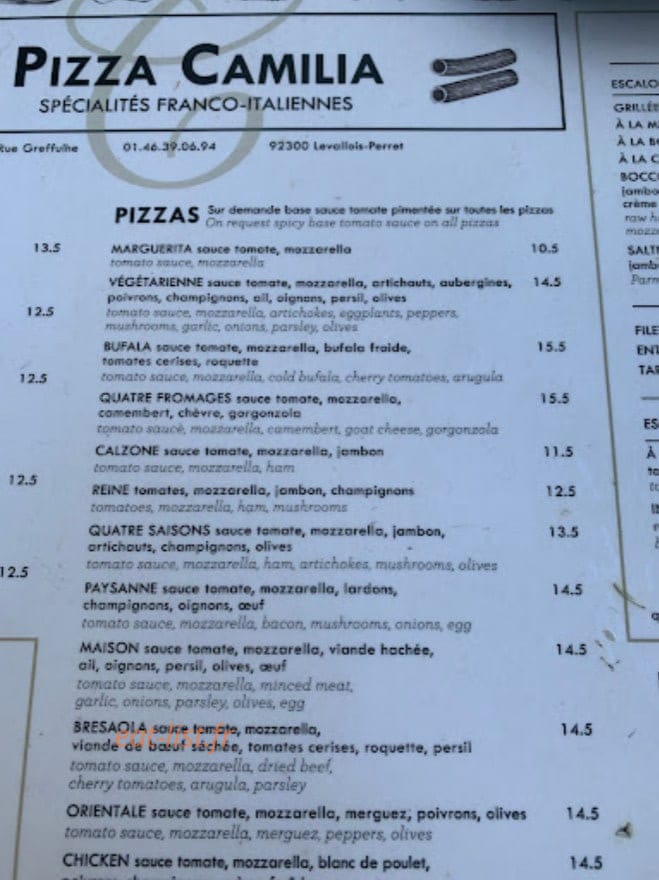 Pizza Camilia — carte page 1