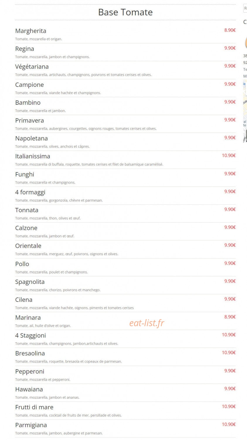 Carte et menu de Pizzeria Delizioso à Levallois Perret — Les pizzas tomates
