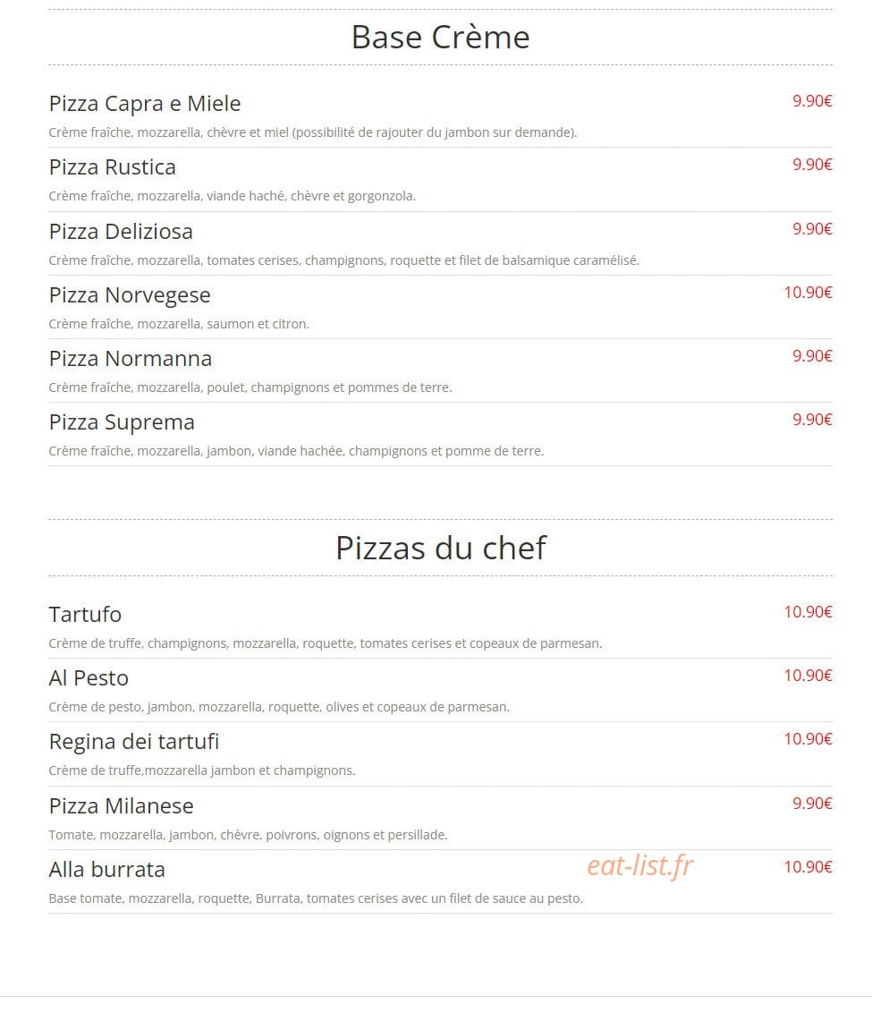 Carte et menu de Pizzeria Delizioso à Levallois Perret — Les pizzas crèmes et pizzas du chef