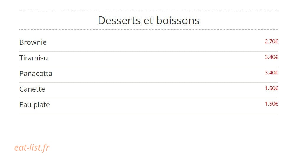 Carte et menu de Pizzeria Delizioso à Levallois Perret — Les desserts et boissons