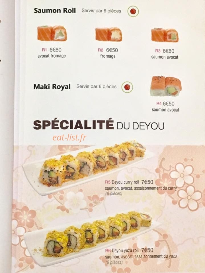 Carte et menu de Restaurant Japonais Deyou à Levallois Perret — Les saumons, roll , spécialités