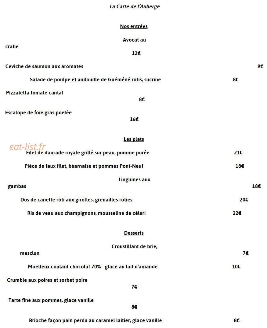Auberge Garden — carte page 1