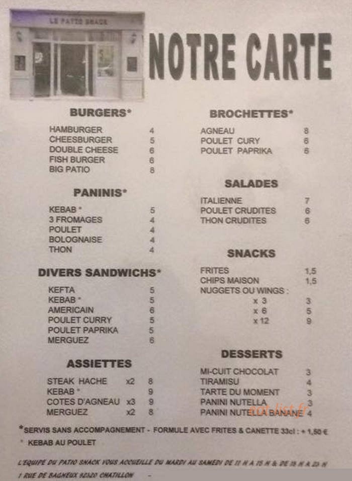 Le Patio Snack — carte page 1