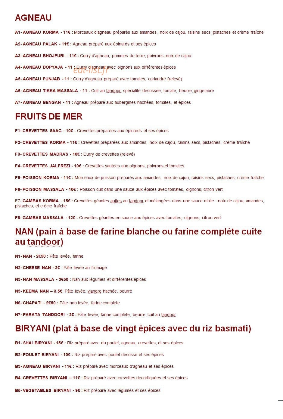 Aux Saveurs de L'inde — carte page 2