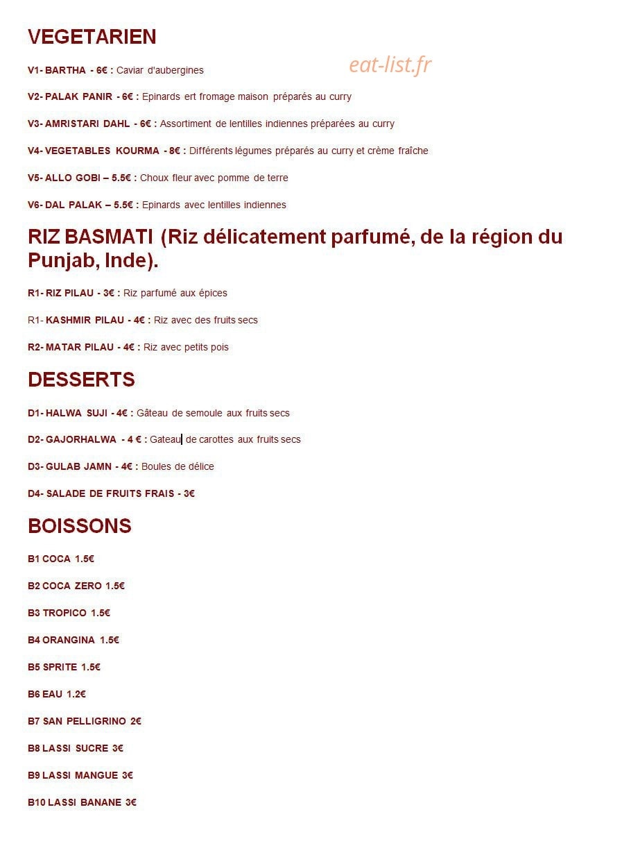 Aux Saveurs de L'inde — carte page 3