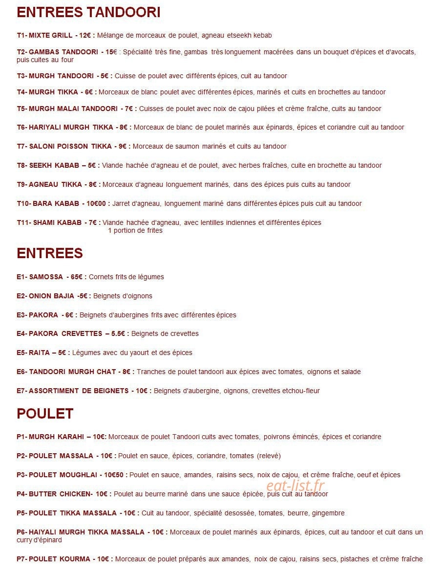 Aux Saveurs de L'inde — carte page 1