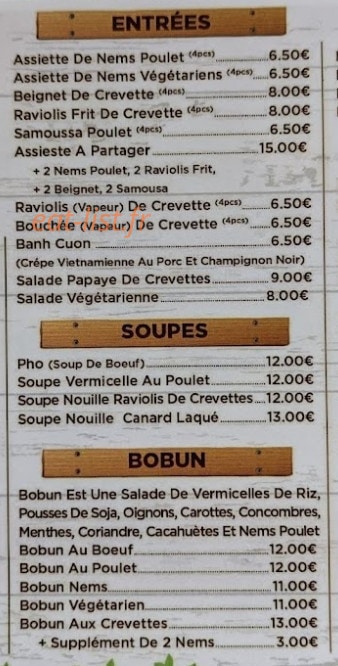 Carte et menu de Bo Boun Bar à Bourg la Reine — Les entrées, soupes et bo bun