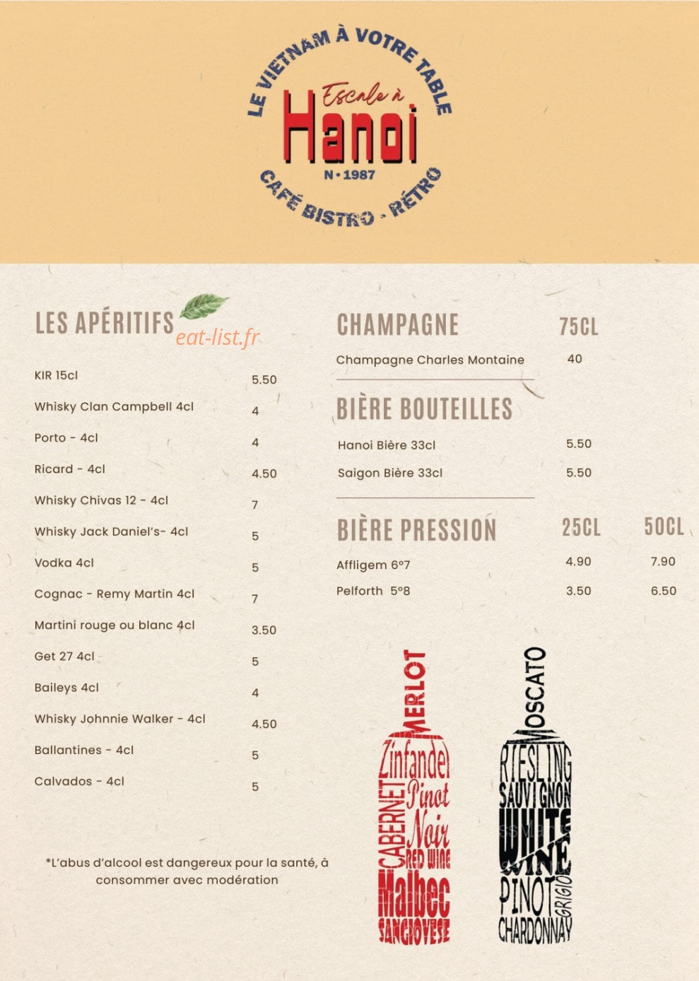 Carte et menu de Escale à Hanoi à Bourg la Reine — Les apéritifs, champagnes, ...