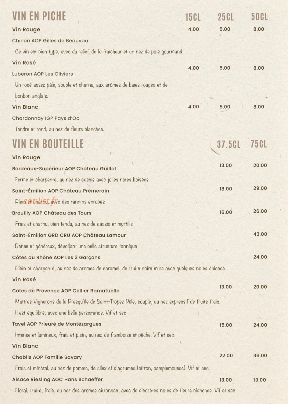 Carte et menu de Escale à Hanoi à Bourg la Reine — Les vins