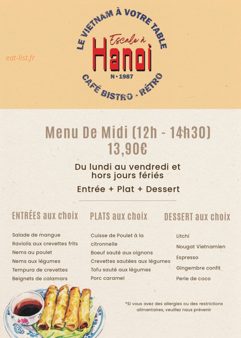 Carte et menu de Escale à Hanoi à Bourg la Reine — Le menu midi