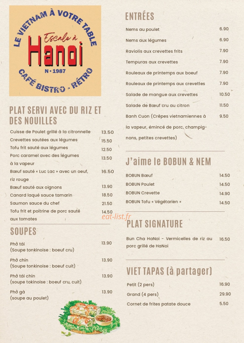 Carte et menu de Escale à Hanoi à Bourg la Reine — Les entrées, plats, ...